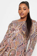 שמלה קצרה  במידות גדולות צווארון V שרוול ארוך דוגמת פרחים 302735