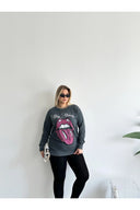 סווטשירט במידות גדולות צווארון עגול עם הדפס פרטי פאייטים מראה שטוף 301252