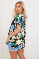 חולצה מכופתרת במידות גדולות עם כפתורים שרוול קצר דוגמת פרחים 303964