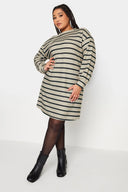 שמלה במידות גדולות צווארון עגול שרוול ארוך דוגמת פסים מיני 302882