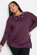 חולצה במידות גדולות פרטי עינית מתכת צווארון עגול שרוול ארוך אוברסייז 321291