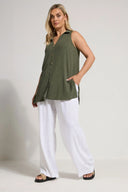 חולצה מכופתרת במידות גדולות צווארון V חולצה ללא שרוולים עם כפתורים בד גמיש 322691