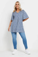 חולצה במידות גדולות צווארון V שרוול קצר גזרה מתרחבת עם הדפס 303624