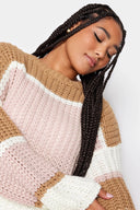 סוודר במידות גדולות צווארון עגול שרוול ארוך דוגמת בלוקי צבע 302317