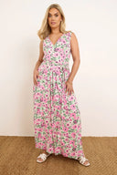 שמלה במידות גדולות צווארון V חולצה ללא שרוולים חגורה במותן דוגמת פרחים מקסי 303990