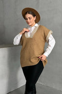 סוודר במידות גדולות צווארון V שרוול קצר טריקו 302135