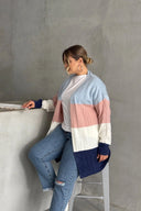 קרדיגן במידות גדולות שרוול ארוך ללא סגירה בחזית בלוקים צבעוניים 302147