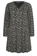 שמלה קצרה במידות גדולות שרוול ארוך צווארון V דוגמת פרחים 302734