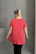 חולצה במידות גדולות שרוול קצר צווארון עגול גזרה מתרחבת בייסיק 100-50