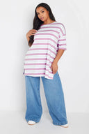 טישירט במידות גדולות צווארון עגול קצר דוגמת פסים שסעים בצדדים 303944