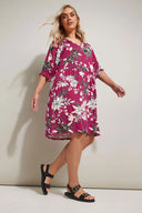 שמלה במידות גדולות צווארון V שרוול קצר דוגמת פרחים מיני 304079