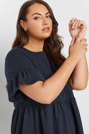 שמלה במידות גדולות צווארון עגול שרוול קצר פרפר מותן אלסטית מיני 303646