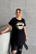 טישירט במידות גדולות שרוול קצר צווארון עגול מעוטרת באבנים 302264