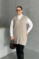 סוודר במידות גדולות צווארון V שרוול קצר טריקו 302133