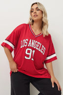 טישירט במידות גדולות צווארון V שרוול קצר עם הדפס רשת 303494