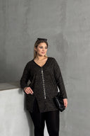 חולצה במידות גדולות צווארון V רוכסן קדמי שסעים בצדדים עם הדפס נמר 173672