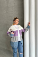 קרדיגן במידות גדולות שרוול ארוך ללא סגירה בחזית בלוקים צבעוניים 302148