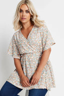 חולצה במידות גדולות שרוול קצר צווארון V קשירה מקדימה עם הדפס מכפלת מתרחבת 321935