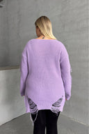 סוודר במידות גדולות שרוול ארוך צווארון עגול פרטי קרעים T-3