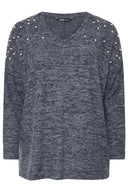 סוודר במידות גדולות צווארון V שרוול ארוך כתף מעוטרת באבנים 322302