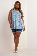 טישירט במידות גדולות צווארון V חזית עם קפלים חולצה ללא שרוולים דוגמת פרחים 322684