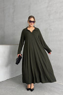 שמלה ארוכה במידות גדולות שרוול ארוך צווארון V בד במרקם מתרחבת 322182