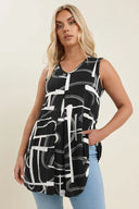 חולצה במידות גדולות צווארון V חולצה ללא שרוולים עם הדפס אבסטרקט 304105