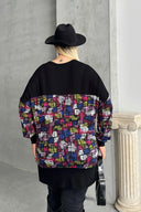 חולצה במידות גדולות שרוול ארוך צווארון V שסעים בצדדים עם הדפס חולצה 89-45