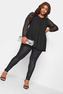 חולצה במידות גדולות שרוולים ארוכים צווארון V פרטי טול עם קפלים 321231