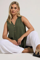 חולצה מכופתרת במידות גדולות צווארון V חולצה ללא שרוולים עם כפתורים בד גמיש 322691