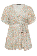 חולצה במידות גדולות שרוול קצר צווארון V קשירה מקדימה עם הדפס מכפלת מתרחבת 321935