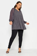 חולצה במידות גדולות שרוול ארוך צווארון V פרטי טול קפלים 302828