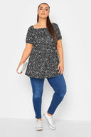 חולצה במידות גדולות כפתורים דקורטיביים צווארון מרובע עם הדפס בד גמיש  215849