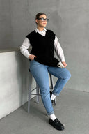 סוודר במידות גדולות צווארון V שרוול קצר טריקו 302134