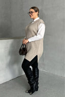 סוודר במידות גדולות צווארון V שרוול קצר טריקו 302133