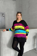 חולצה במידות גדולות צווארון V דוגמת פסים שסעים בצדדים שרוול ארוך 302014