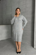 שמלה במידות גדולות צווארון V שרוול ארוך סרוגה 302335