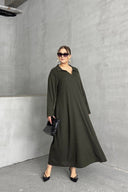 שמלה ארוכה במידות גדולות שרוול ארוך צווארון V בד במרקם מתרחבת 322182