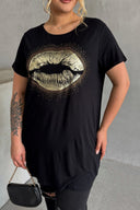 טישירט במידות גדולות שרוול קצר צווארון עגול מעוטרת באבנים 302264