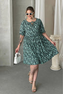 שמלה במידות גדולות פרטי קשירה בחזית חצי שרוול עם הדפס מיני 101-8