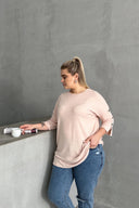 סוודר במידות גדולות חצי שרוול צווארון עגול פרטי כפתורים 303072