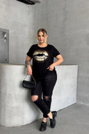 טישירט במידות גדולות שרוול קצר צווארון עגול מעוטרת באבנים 302264