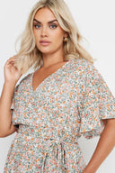 חולצה במידות גדולות שרוול קצר צווארון V קשירה מקדימה עם הדפס מכפלת מתרחבת 321935