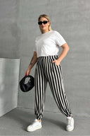 מכנסיים במידות גדולות גומי במותן גומי בשוליים עם כיסים דוגמת פסים 89-70