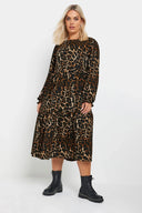 שמלה במידות גדולות שרוול בלון דוגמת נמר צווארון עגול 270014