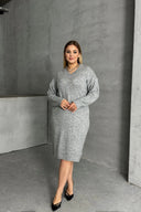 שמלה במידות גדולות צווארון V שרוול ארוך סרוגה 302335