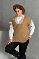 סוודר במידות גדולות צווארון V שרוול קצר טריקו 302135