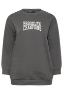 סווטשירט במידות גדולות שרוול ארוך צווארון עגול עם הדפס 302841