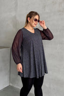 חולצה במידות גדולות ארוך שרוול טול צווארון V גומי בפרקי הידיים מבריק חולצה 78-132