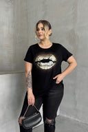 טישירט במידות גדולות שרוול קצר צווארון עגול מעוטרת באבנים 302264